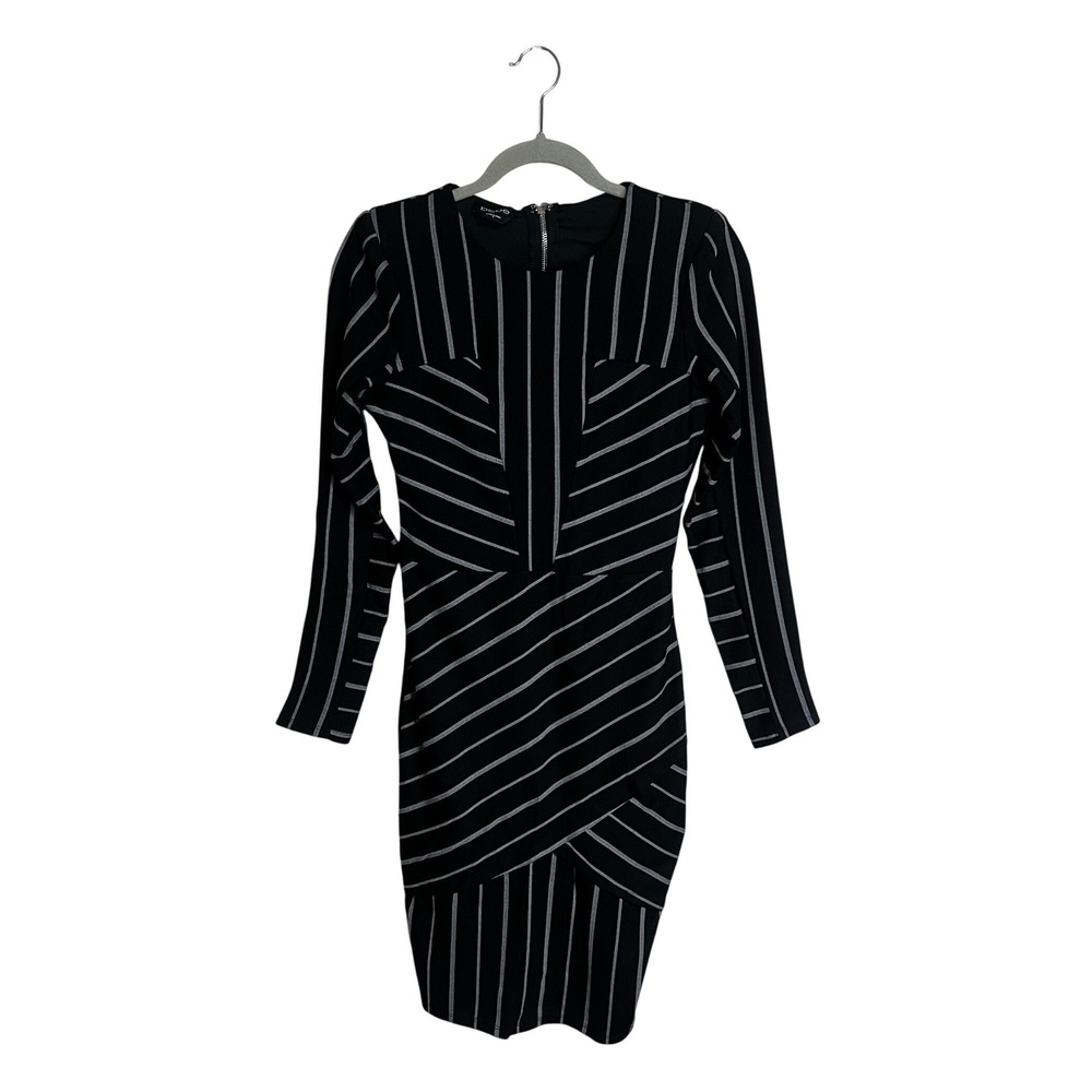 Bebe Womens Black Striped Long Sleeve Bodycon Dress Wrap Tulip Hem Size S